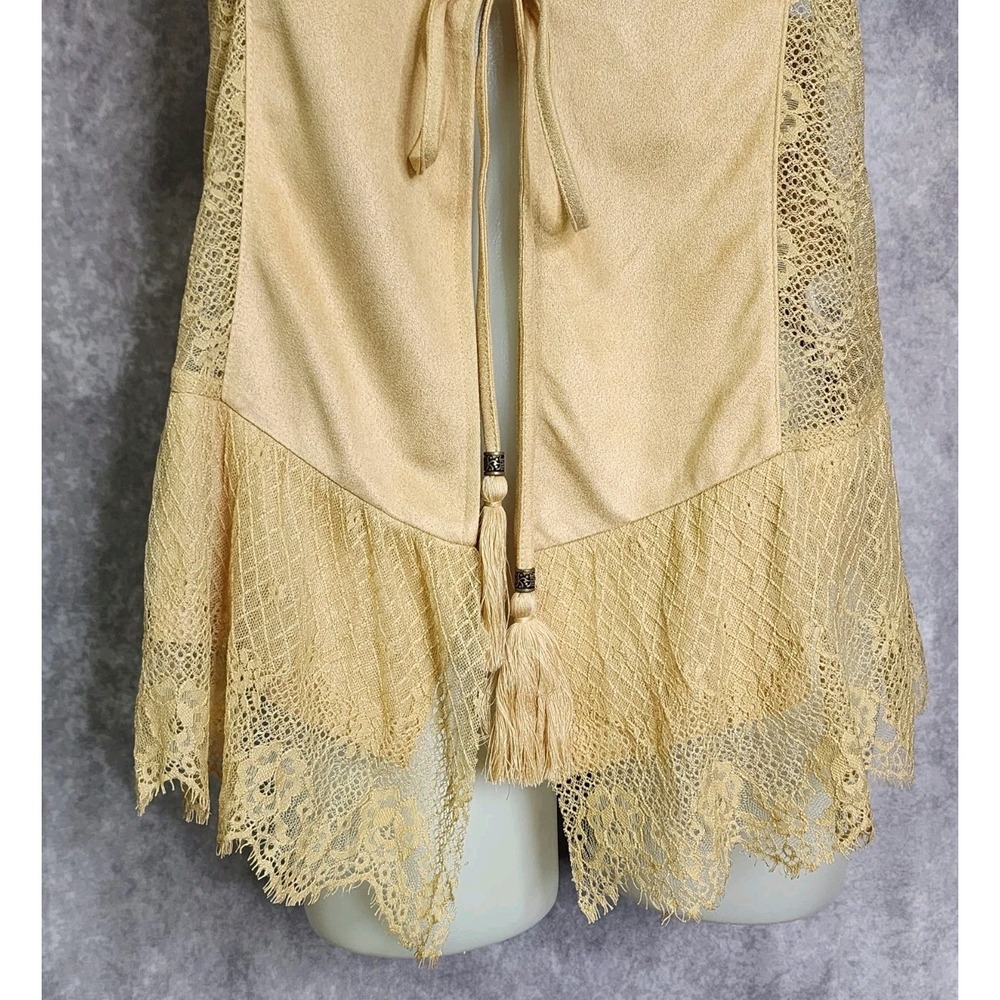 Miss Me Lace Trim Vest Women Medium Mustard Yellow Boho Ruffle Tie Front Western - Picture 6 of 9